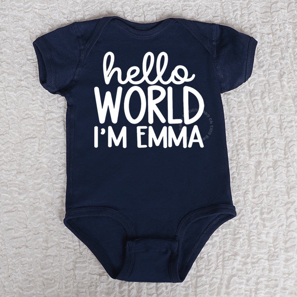 Hello World Short Sleeve Navy Bodysuit