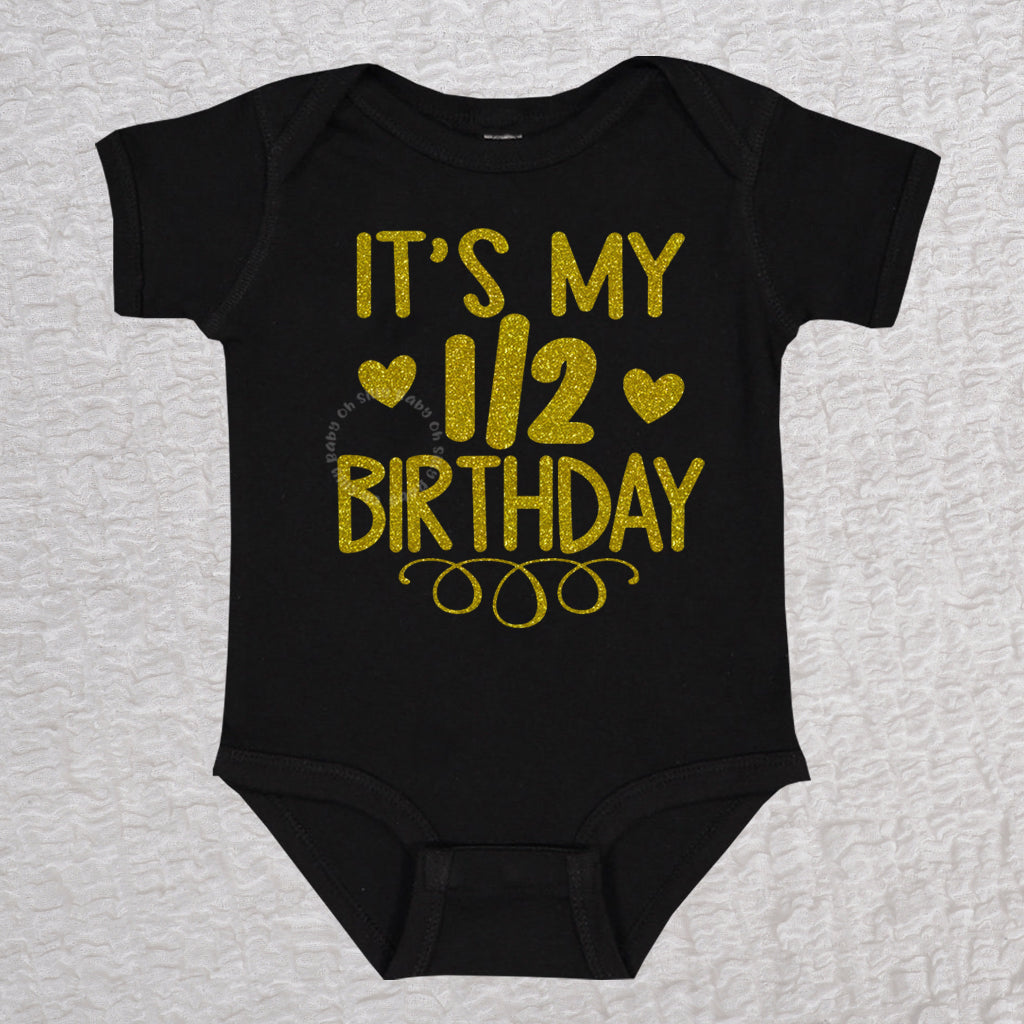 Half Birthday Glitter Bodysuit | Oh Silly Baby - Sparkle & Celebrate! Short Sleeve Black Bodysuit / 3-6 MONTHS Half Birthday Glitter Bodysuit | Oh Silly Baby - Sparkle & Celebrate! Short Sleeve Black Bodysuit / 3-6 MONTHS