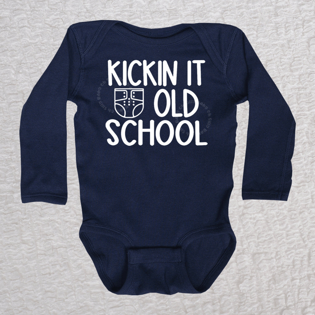 Kickin It Old School Long Sleeve Navy Bodysuit