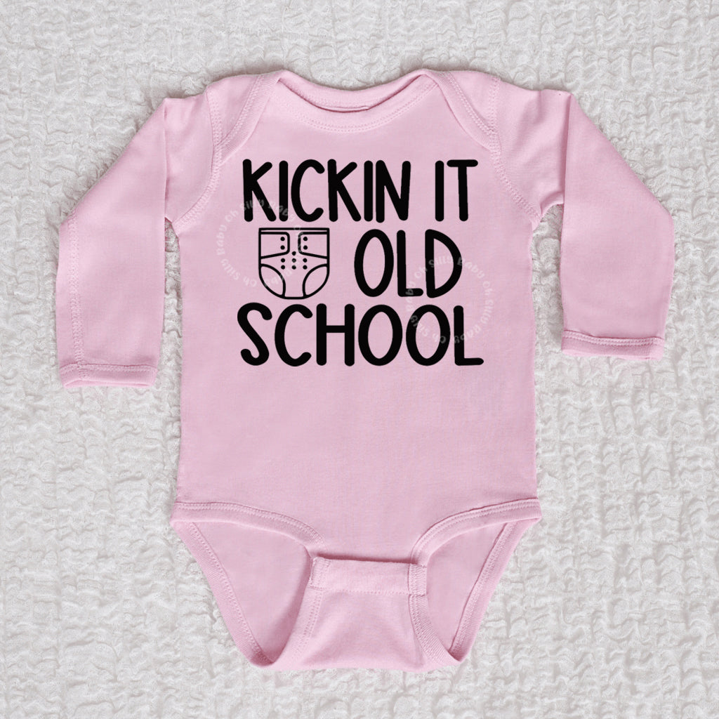 Kickin It Old School Long Sleeve Pink Bodysuit