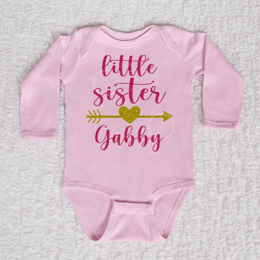 Little Sister Glitter Personalized Bodysuit or Tee Oh Silly Baby